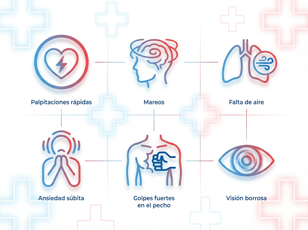 Infografía de síntomas de Taquicardia Supraventricular (TSV): palpitaciones rápidas, mareos, falta de aire, ansiedad súbita, golpes fuertes en el pecho y visión borrosa.