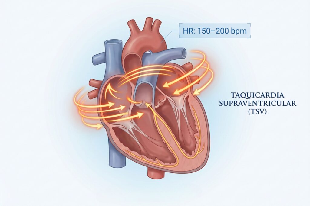 Ilustración del corazón mostrando el circuito eléctrico anormal de una Taquicardia Supraventricular (TSV), con ondas rápidas en aurículas y frecuencia cardíaca elevada de 150–200 latidos por minuto.