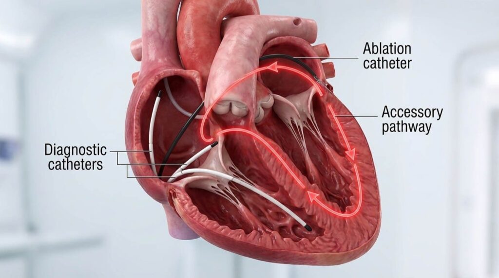 Ilustración del procedimiento de ablación por catéter en el Síndrome de Wolff-Parkinson-White, mostrando catéteres diagnósticos, catéter de ablación y la vía accesoria que causa la arritmia.