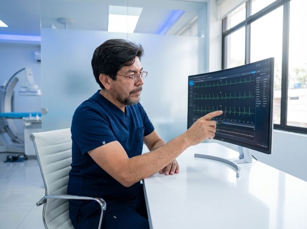 Dr. Nicolás Reyes analizando un electrocardiograma en su consultorio para el diagnóstico de arritmias cardíacas como WPW.