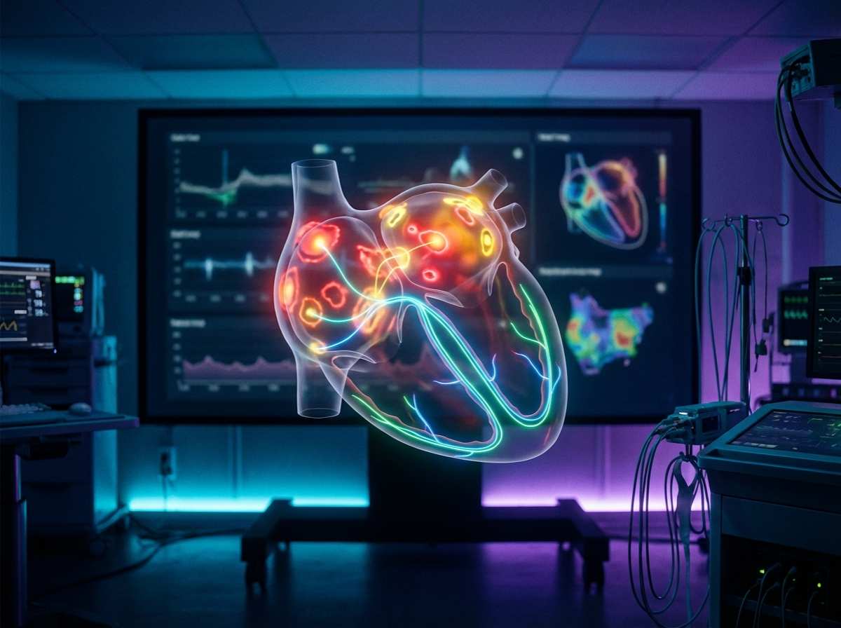 Visualización avanzada del corazón mostrando los circuitos eléctricos del Flutter Auricular en un laboratorio de electrofisiología, con zonas de actividad rápida y rutas de reentrada iluminadas.
