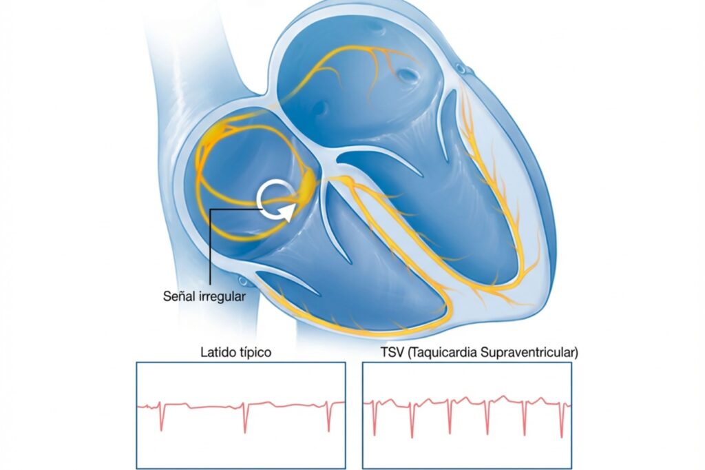 Ilustración del corazón mostrando un circuito eléctrico circular anormal en la aurícula que causa Taquicardia Supraventricular (TSV), acompañado de una comparación entre un latido cardíaco típico y un trazado electrocardiográfico acelerado característico de la TSV.