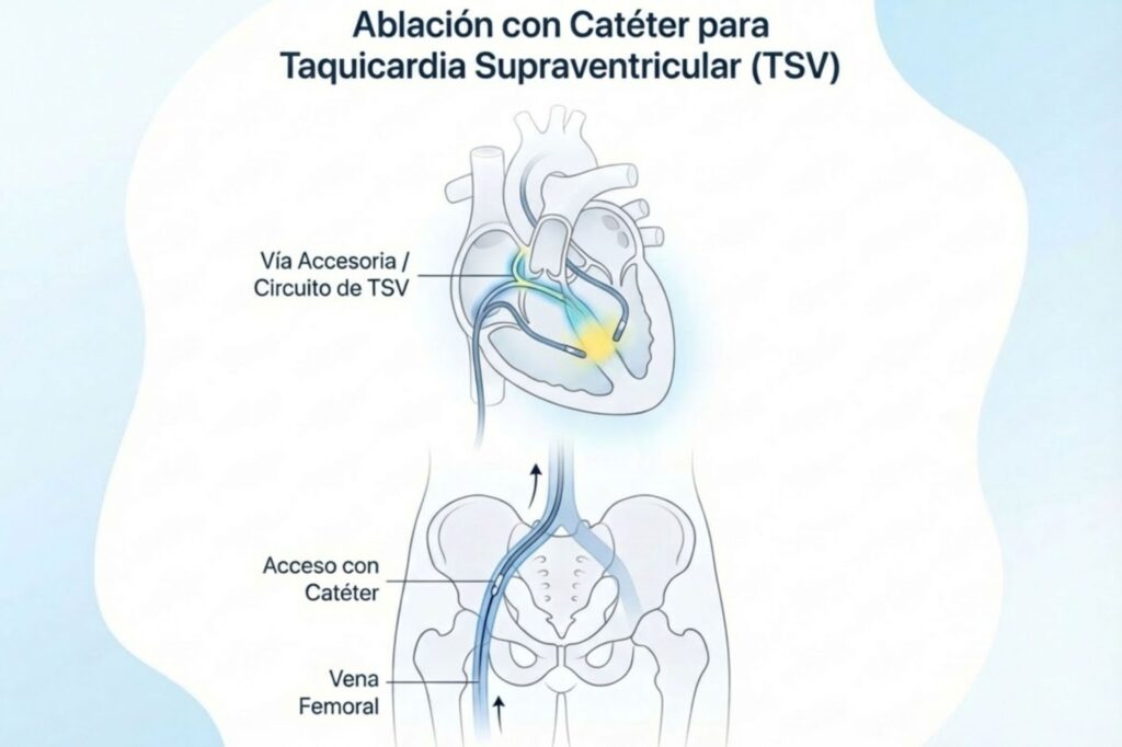 Ilustración del procedimiento de ablación con catéter para Taquicardia Supraventricular (TSV), mostrando el acceso por vena femoral y la aplicación de energía sobre el circuito eléctrico anormal dentro del corazón.