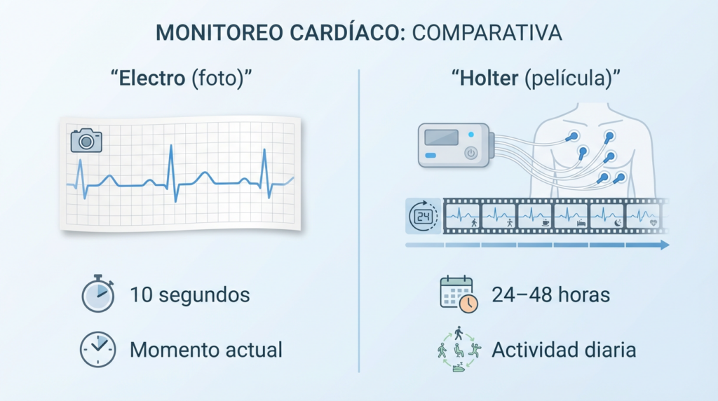 Comparación entre un electrocardiograma de 10 segundos y un monitor Holter de 24–48 horas, mostrando diferencias en duración y tipo de monitoreo cardíaco.