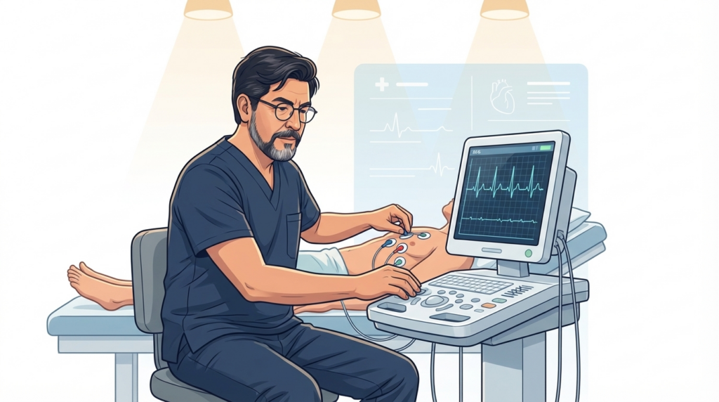 Electrofisiólogo realizando un electrocardiograma a un paciente en consultorio, con electrodos colocados en el tórax y registro del ritmo cardíaco en pantalla.