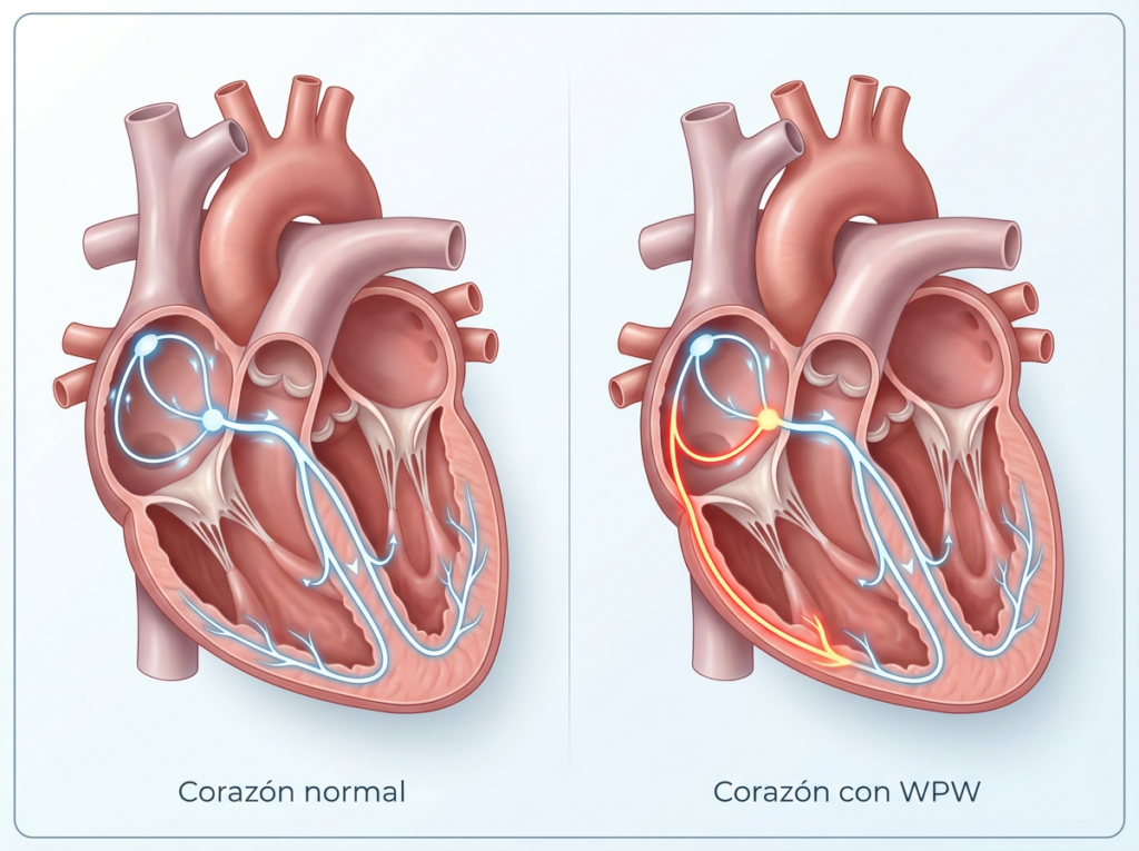Comparación entre un corazón normal y un corazón con Síndrome de Wolff-Parkinson-White (WPW), mostrando la vía accesoria responsable de la arritmia. Imagen educativa utilizada por el cardiólogo electrofisiólogo Dr. Nicolás Reyes en Cardiac & Vascular Puebla.