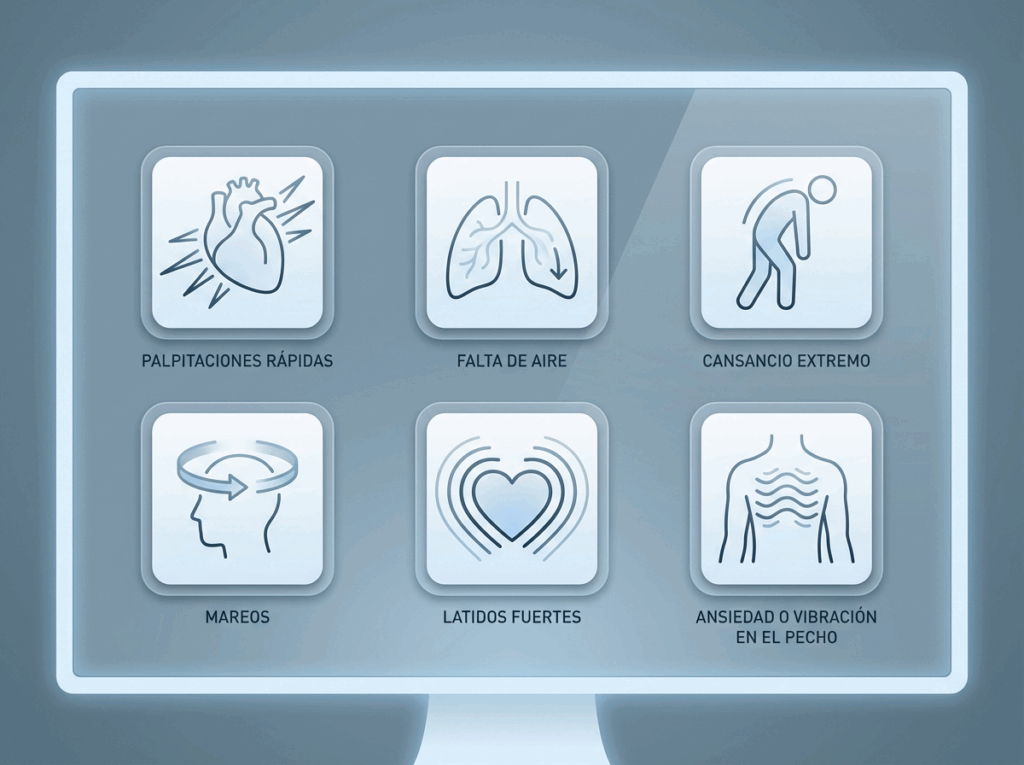Infografía con los principales síntomas del Flutter Auricular: palpitaciones rápidas, falta de aire, cansancio extremo, mareos, latidos fuertes y sensación de vibración o ansiedad en el pecho.