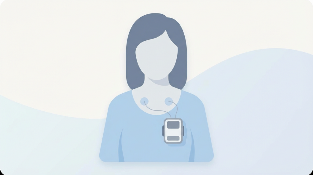 Ilustración de una paciente usando un monitor Holter con electrodos en el pecho para registrar su ritmo cardíaco durante 24 a 48 horas.