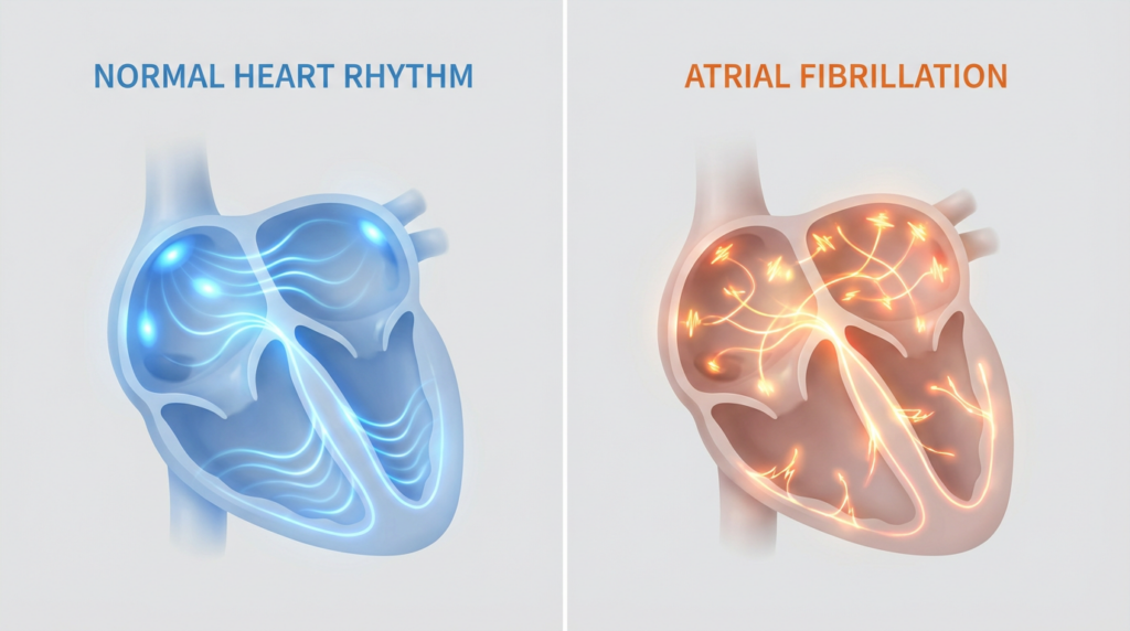 Comparación entre ritmo cardíaco normal y fibrilación auricular con actividad eléctrica desorganizada en las aurículas