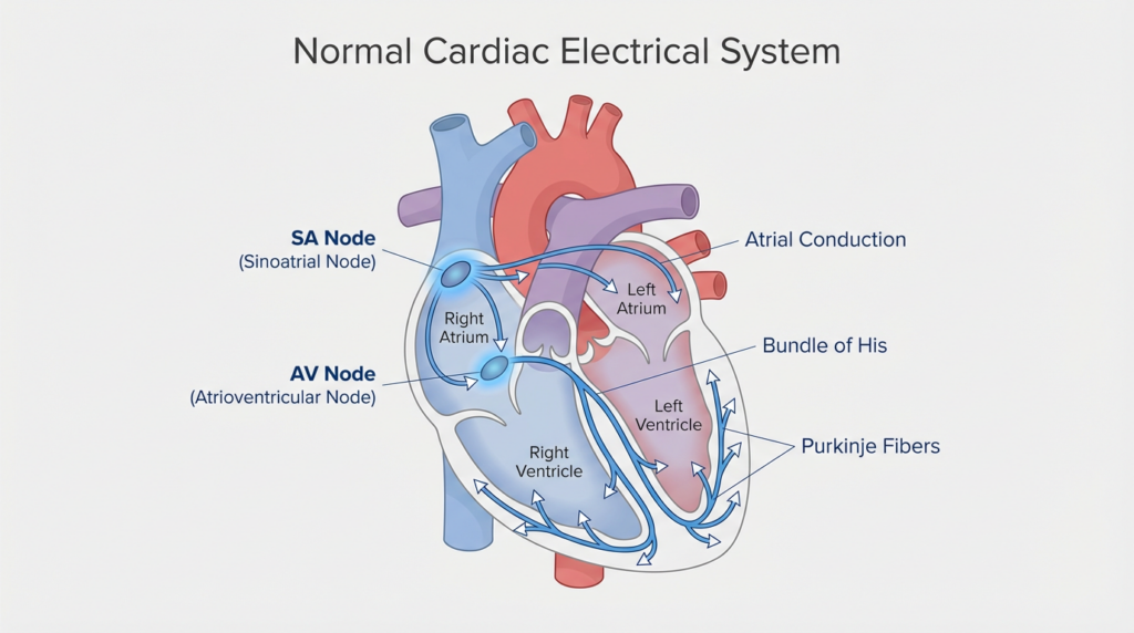 Sistema eléctrico normal del corazón mostrando el nodo sinusal, nodo auriculoventricular y la conducción eléctrica cardíaca previa a las arritmias como la taquicardia atrial focal