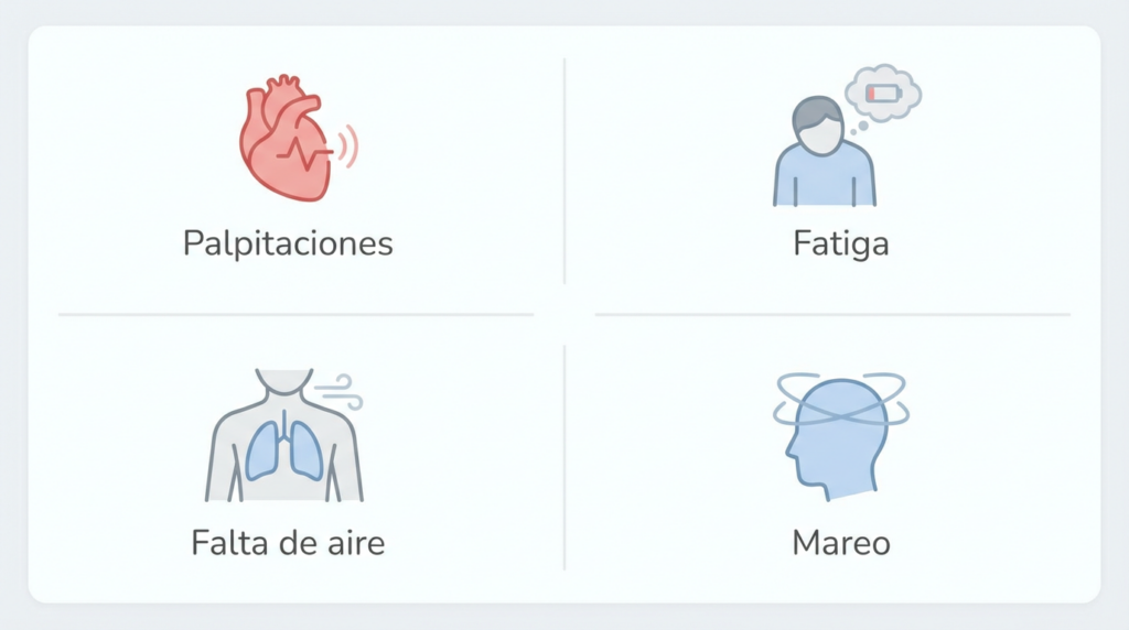 Síntomas de la taquicardia atrial focal como palpitaciones, fatiga, falta de aire y mareo causados por un foco eléctrico anormal en la aurícula