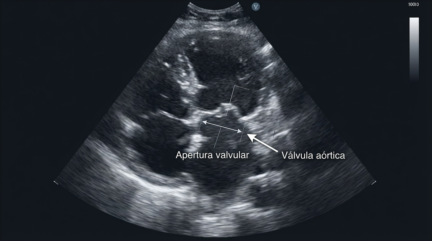 Ecocardiograma que muestra la válvula aórtica y la reducción de su apertura valvular, hallazgo característico de estenosis aórtica.