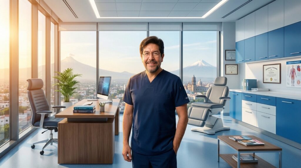 Nicolás Reyes, cardiólogo electrofisiólogo en su consultorio en Puebla, especialista en tratamiento y curación de la fibrilación auricular