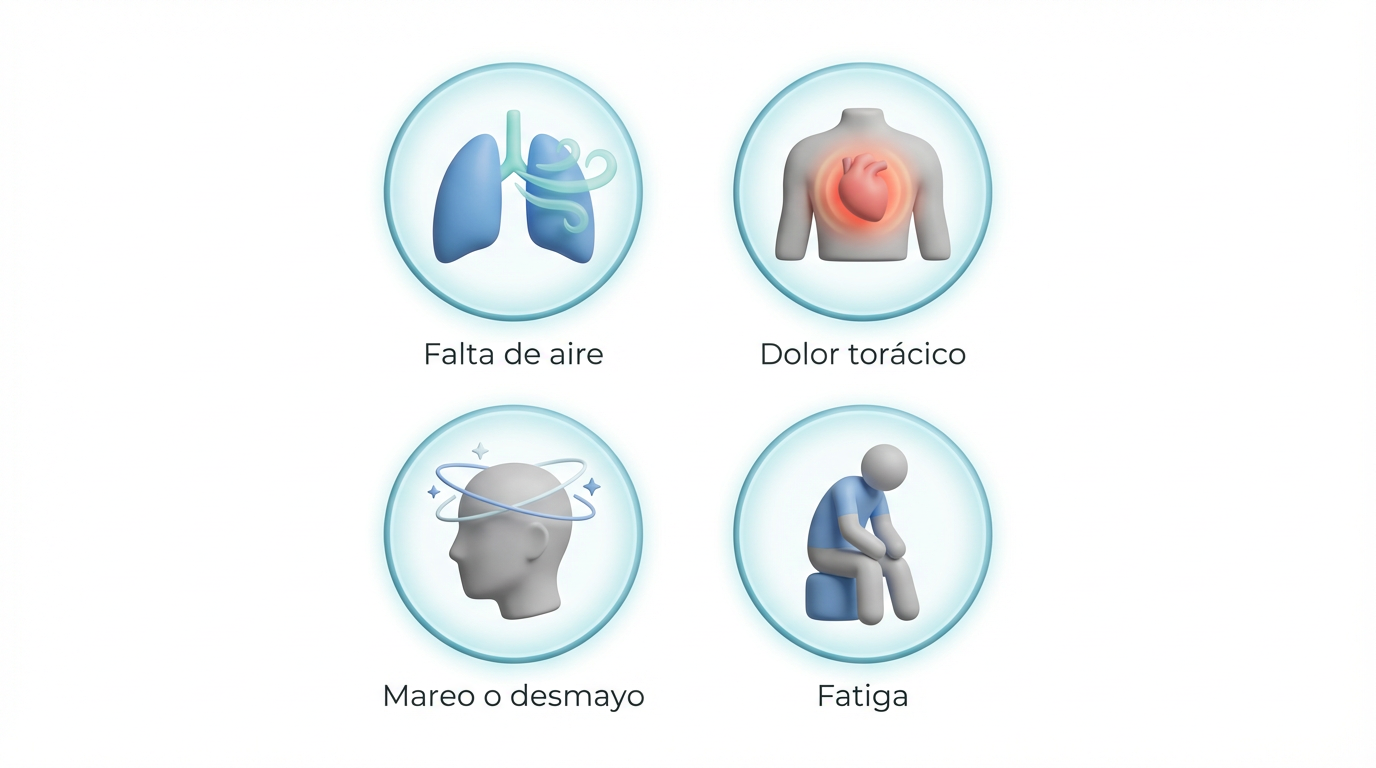 Ilustración de los síntomas de la estenosis aórtica: falta de aire, dolor torácico, mareo o desmayo y fatiga en adultos.
