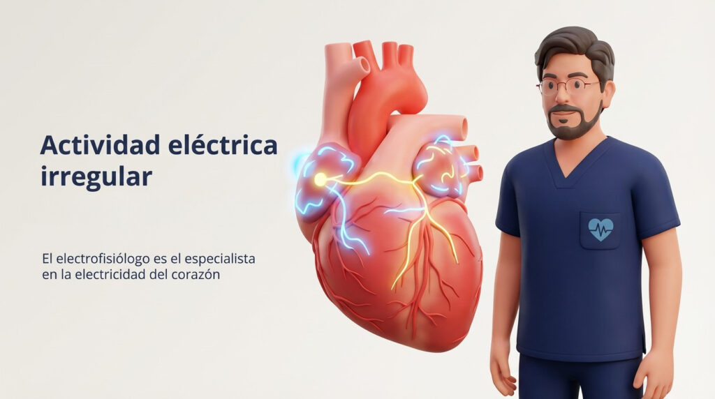 Ilustración de actividad eléctrica irregular del corazón y electrofisiólogo, especialista en diagnosticar y tratar alteraciones del ritmo cardíaco.