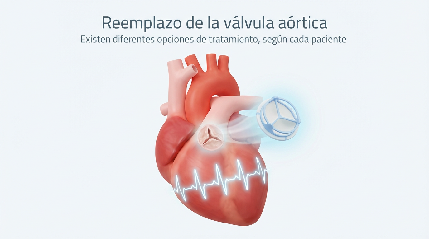 Ilustración médica del reemplazo de la válvula aórtica TAVI, tratamiento indicado en pacientes con estenosis aórtica severa.
