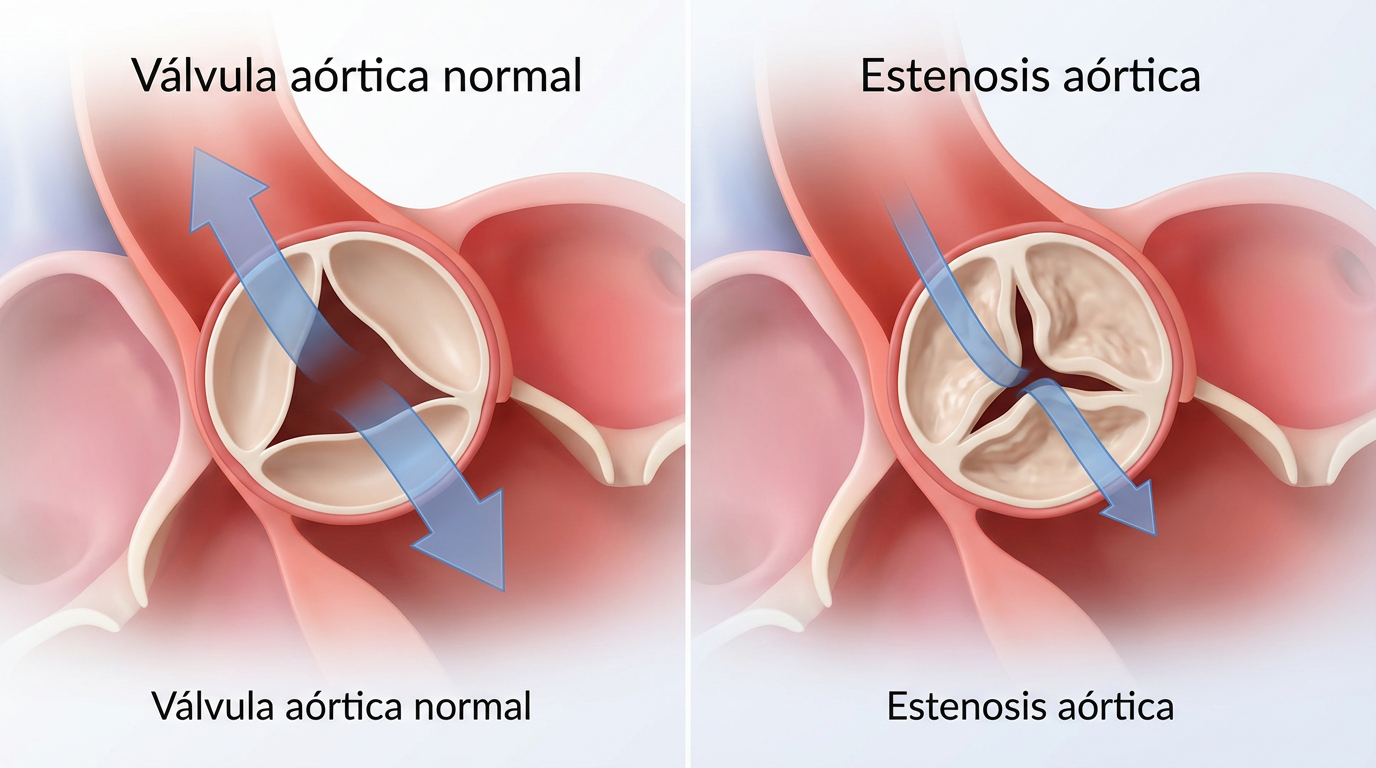 Comparación entre una válvula aórtica normal y una válvula con estenosis aórtica, mostrando la reducción del flujo sanguíneo causada por el estrechamiento valvular.