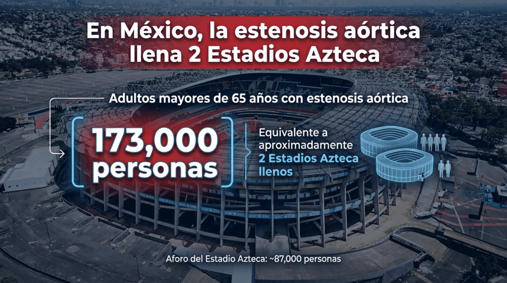 Imagen que muestra que la estenosis aórtica en adultos mayores de 65 años en México afecta a aproximadamente 173 mil personas, equivalente a llenar dos Estadios Azteca.