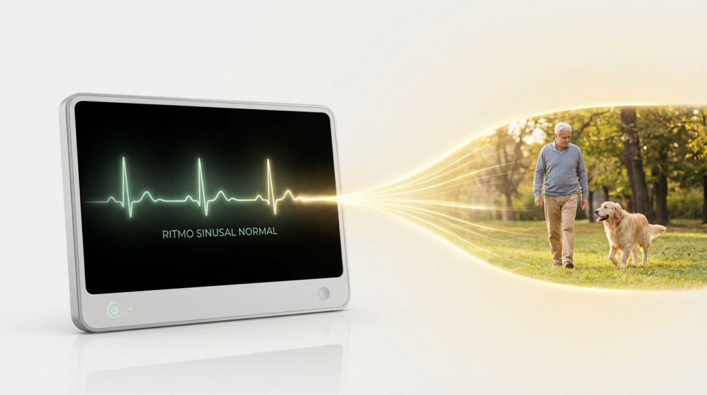 Monitor cardíaco mostrando ritmo sinusal normal conectado con la imagen de una persona caminando al aire libre, representando la recuperación de la calidad de vida después del tratamiento de la fibrilación auricular
