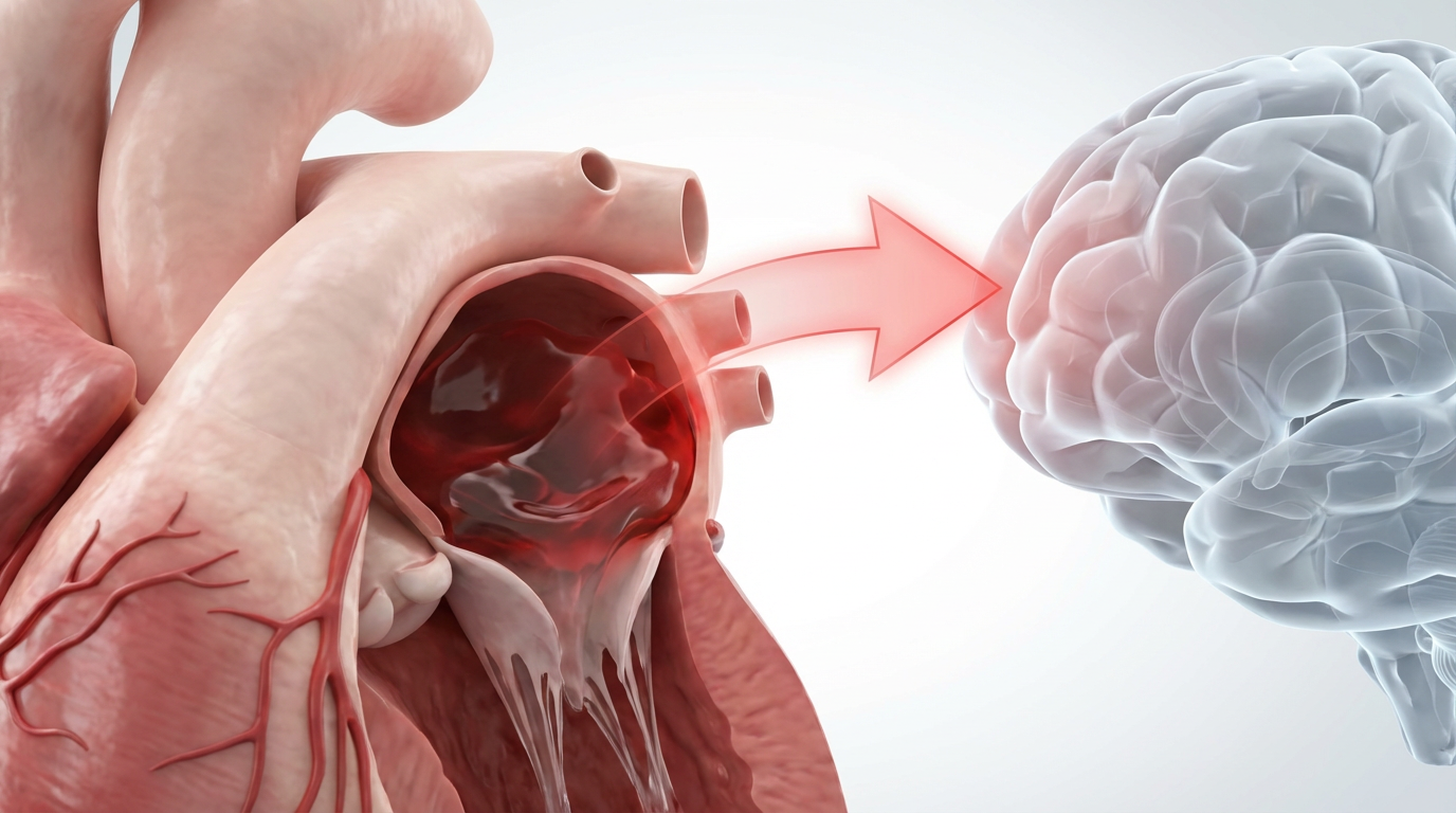 Ilustración de coágulo sanguíneo en la aurícula izquierda que puede viajar al cerebro y provocar un infarto cerebral en pacientes con fibrilación auricular