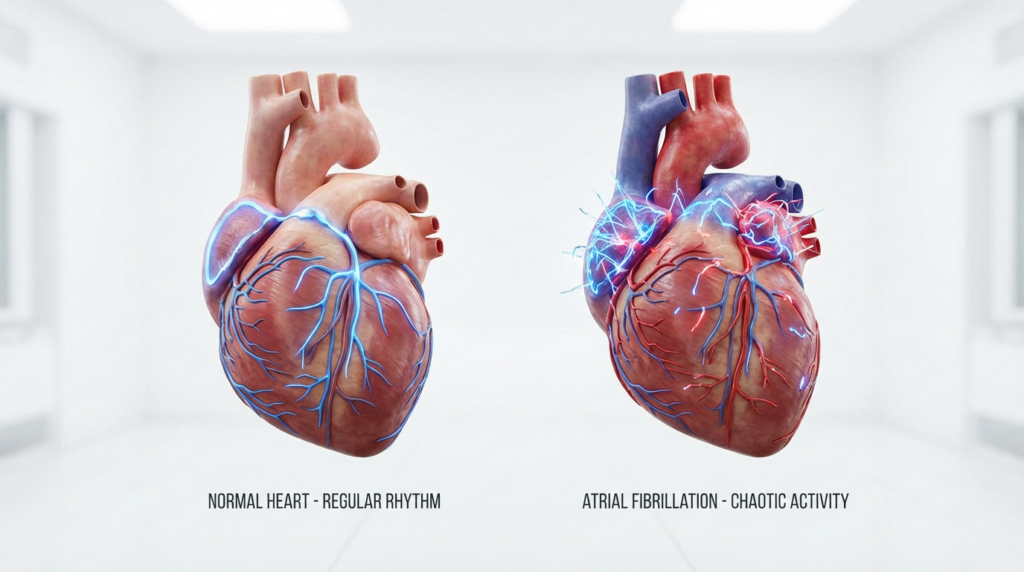 Comparación entre corazón con ritmo normal y corazón con fibrilación auricular mostrando actividad eléctrica caótica en las aurículas