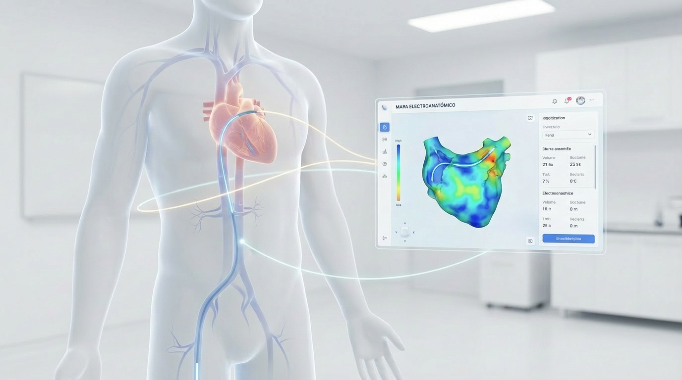 Representación médica del mapeo electroanatómico cardíaco utilizado por un electrofisiólogo para localizar y tratar la fibrilación auricular mediante ablación por catéter