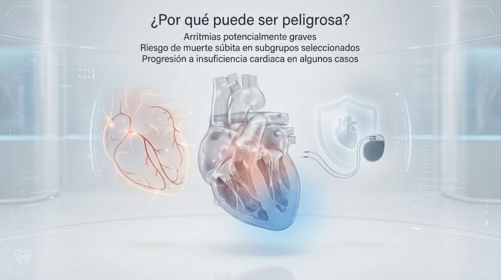 Ilustración médica 3D que muestra los riesgos de la miocardiopatía hipertrófica obstructiva, incluyendo arritmias cardíacas, insuficiencia cardíaca y riesgo de muerte súbita.