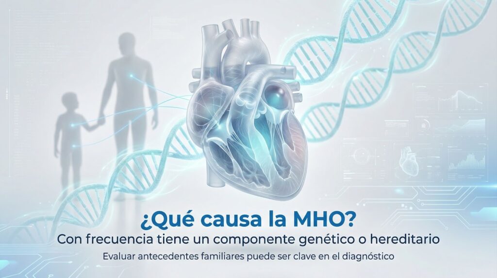 Ilustración médica 3D que muestra el origen genético de la miocardiopatía hipertrófica obstructiva con ADN y herencia familiar.
