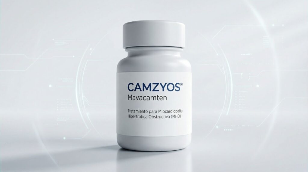 Frasco del medicamento Mavacamten (Camzyos), tratamiento moderno para la miocardiopatía hipertrófica obstructiva.