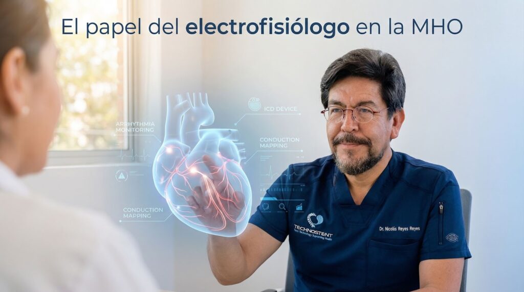 Dr. Nicolás Reyes, electrofisiólogo en Puebla, evaluando el sistema eléctrico del corazón en pacientes con miocardiopatía hipertrófica obstructiva.