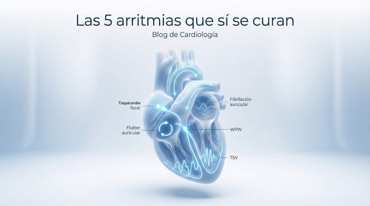 Ilustración de corazón con las cinco arritmias curables etiquetadas: taquicardia atrial focal, fibrilación auricular, WPW, TSV y flutter auricular. Blog de cardiología del Dr. Nicolás Reyes Reyes, cardiólogo electrofisiólogo en Puebla, Cardiac & Vascular Center.