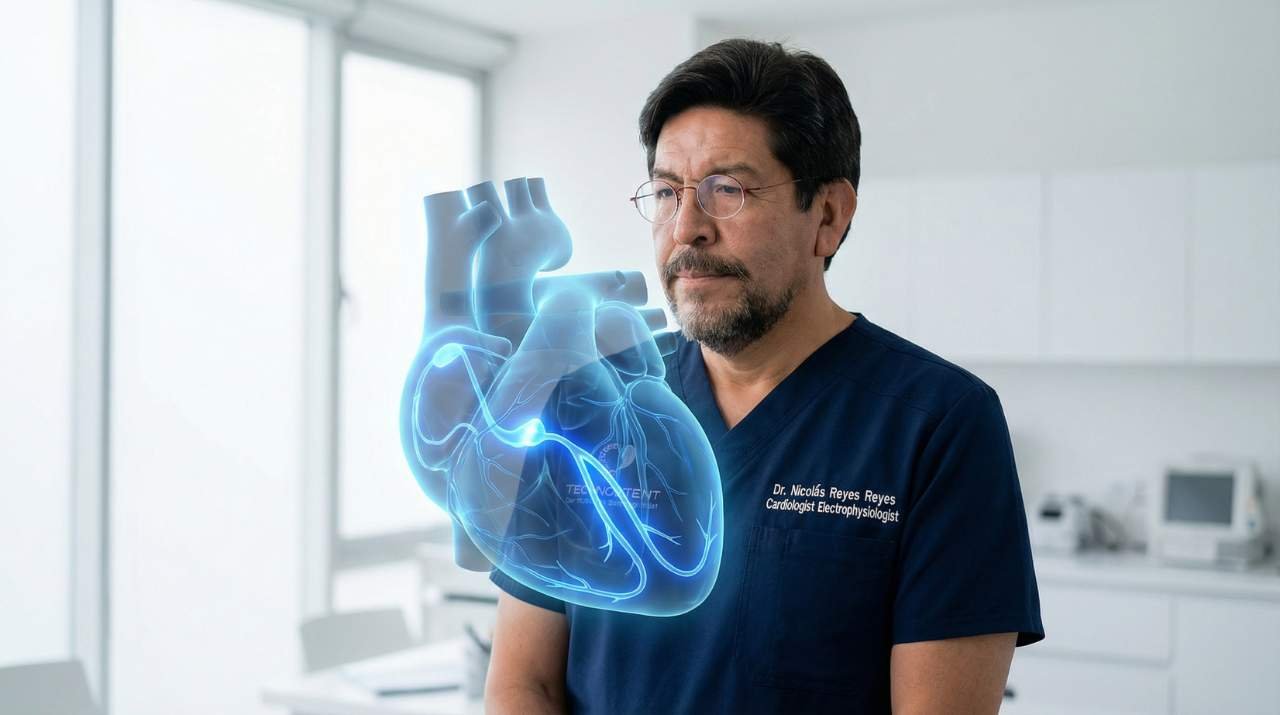 El Dr. Nicolás Reyes Reyes, cardiólogo electrofisiólogo en Puebla, junto a visualización holográfica del corazón. Especialista en diagnóstico y ablación de arritmias como WPW, TSV, flutter, FA y taquicardia atrial focal. Agenda tu valoración en Cardiac & Vascular Center.
