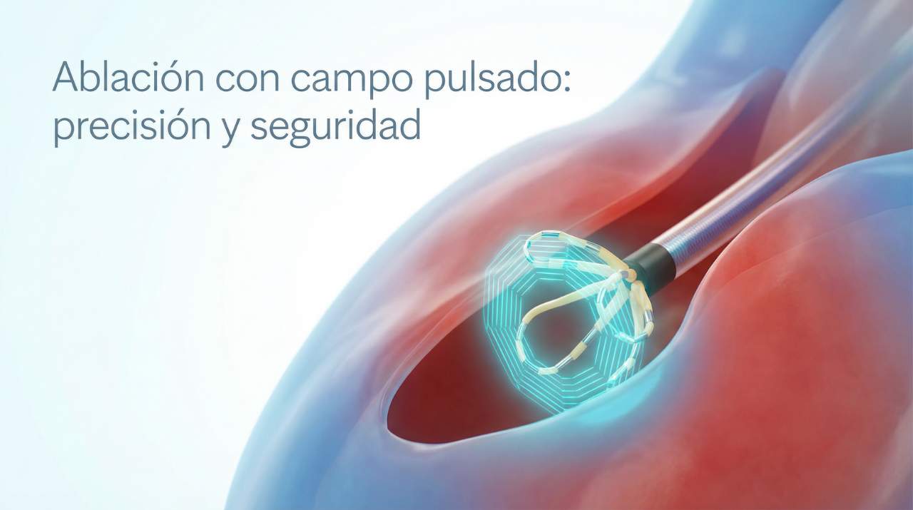 lustración de catéter de ablación con campo pulsado (Pulsed Field Ablation) actuando sobre tejido cardíaco con precisión eléctrica. Procedimiento realizado por el Dr. Nicolás Reyes Reyes, cardiólogo electrofisiólogo en Puebla. Cardiac & Vascular Center.