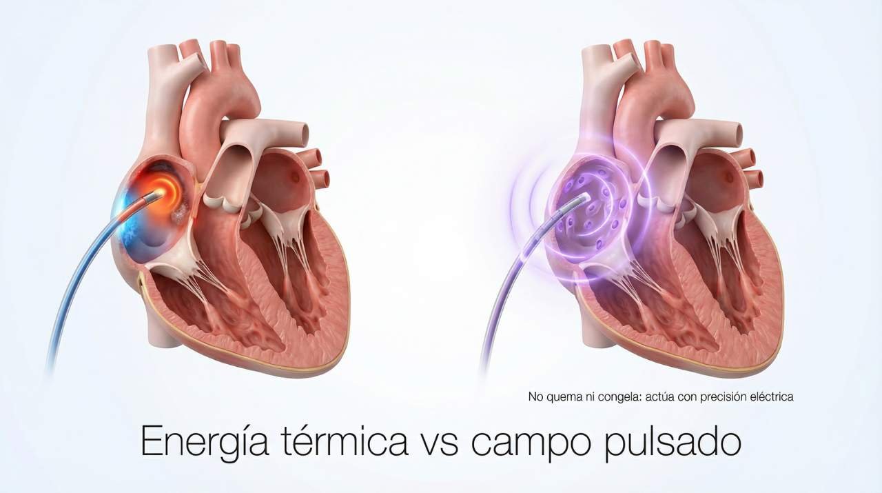 Comparación visual entre ablación con energía térmica (radiofrecuencia/crioablación) y ablación con campo pulsado (PFA). El campo pulsado no quema ni congela: actúa con precisión eléctrica preservando estructuras cercanas. Cardiac & Vascular Puebla.