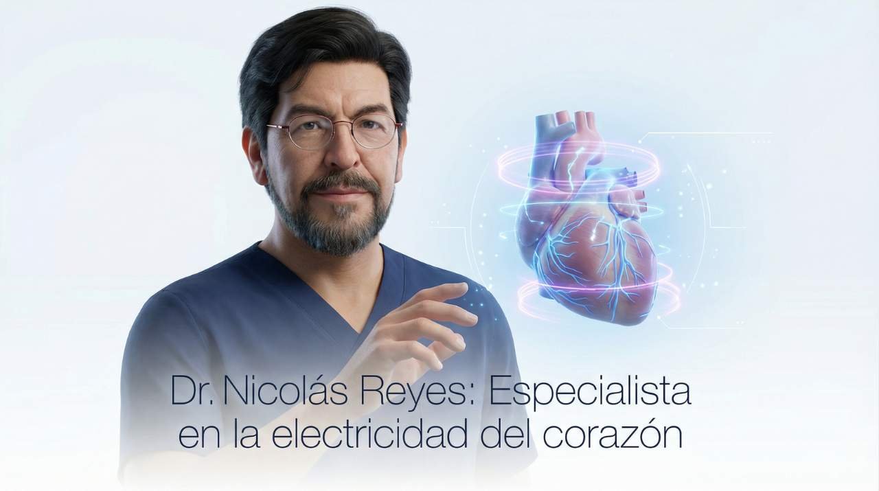 El Dr. Nicolás Reyes Reyes, cardiólogo electrofisiólogo en Puebla y especialista en ablación avanzada, junto a visualización de corazón con campo pulsado. Cardiac & Vascular Center, líder regional en tratamiento de arritmias complejas.