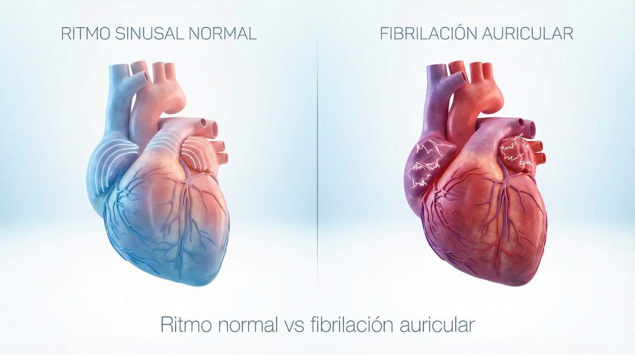 Comparación ilustrada entre ritmo sinusal normal y fibrilación auricular, mostrando la diferencia en la actividad eléctrica de las aurículas. Infografía educativa del Dr. Nicolás Reyes Reyes, cardiólogo electrofisiólogo en Puebla, Cardiac & Vascular Center.