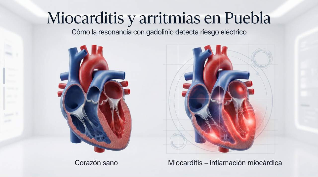 Ilustración comparativa entre un corazón sano y un corazón con miocarditis, mostrando la inflamación del músculo cardíaco. Material educativo del Dr. Nicolás Reyes Reyes, cardiólogo electrofisiólogo en Puebla.