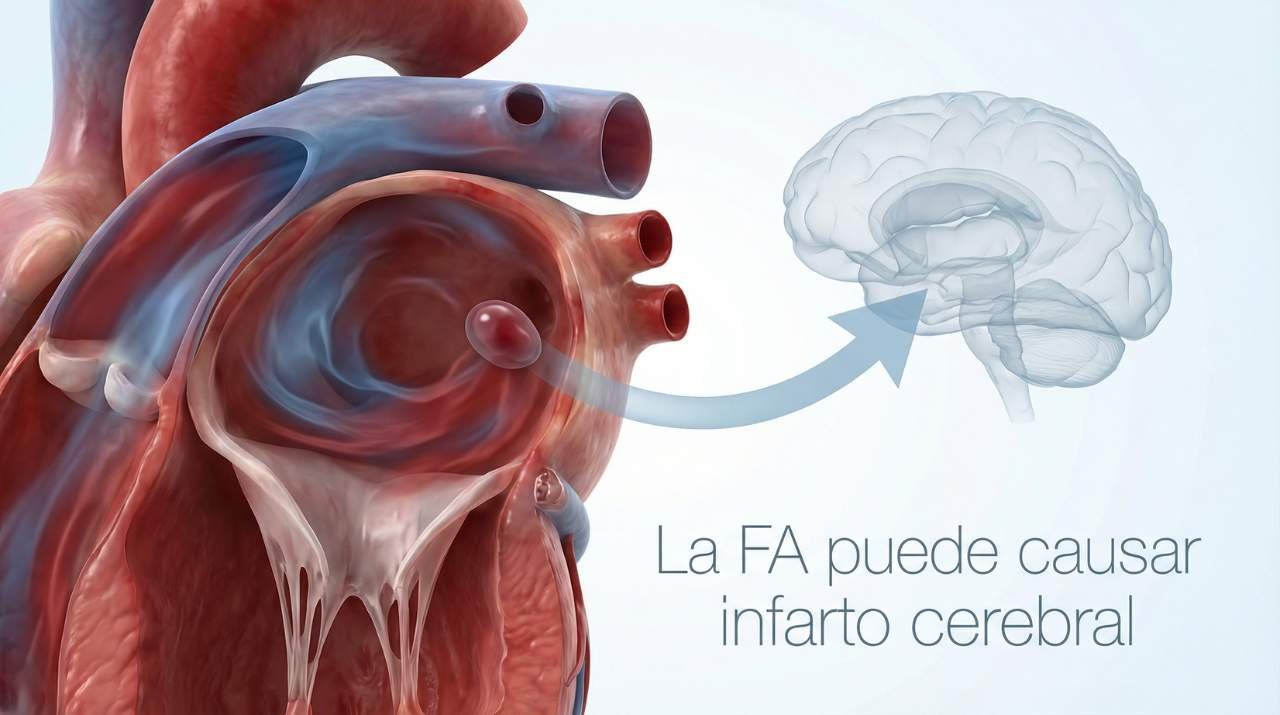 Ilustración del corazón con fibrilación auricular mostrando cómo los coágulos formados en las aurículas pueden viajar al cerebro y causar un infarto cerebral (EVC). Material educativo del Dr. Nicolás Reyes Reyes, cardiólogo electrofisiólogo en Puebla, Cardiac & Vascular Center.