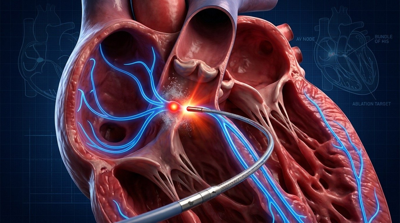 Ilustración de ablación por catéter en el corazón para el tratamiento de arritmias, procedimiento realizado por el Dr. Nicolás Reyes Reyes, electrofisiólogo en Puebla. Cardiac & Vascular.