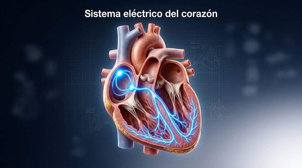 Ilustración del corazón y su sistema de electrofisiología cardíaca, representando el diagnóstico y tratamiento de trastornos del ritmo. Dr. Nicolás Reyes Reyes, cardiólogo electrofisiólogo en Puebla, Cardiac & Vascular.