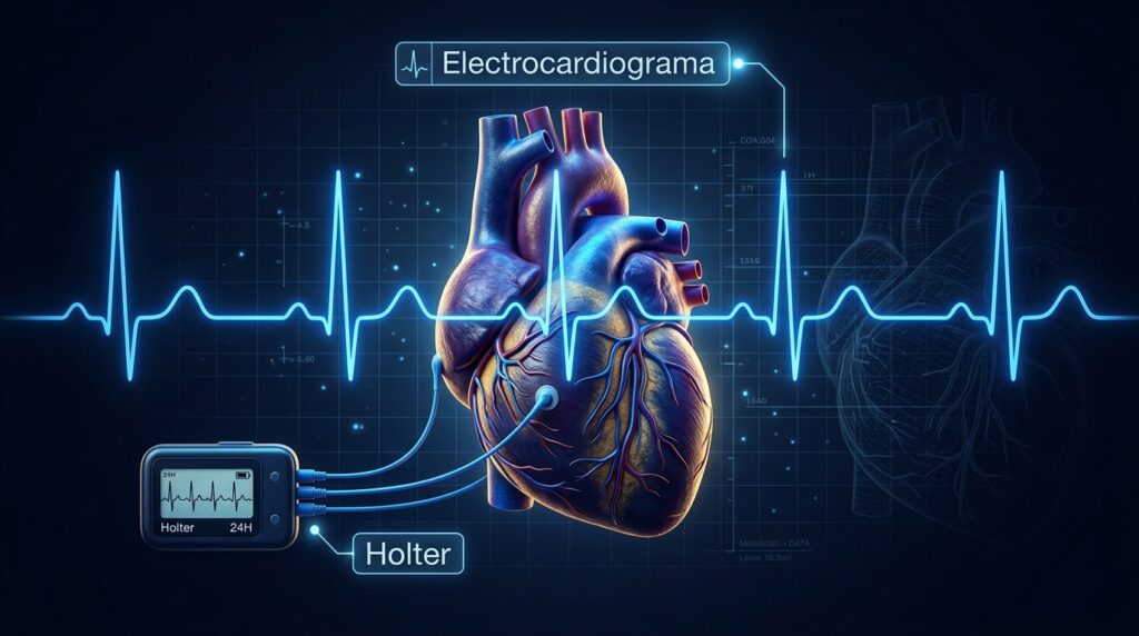 Ilustración de estudios electrofisiológicos como electrocardiograma y monitoreo Holter para el diagnóstico de arritmias. Dr. Nicolás Reyes Reyes, electrofisiólogo en Puebla, Cardiac & Vascular Center.