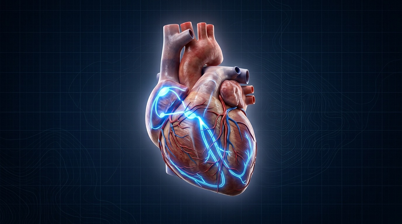 Ilustración del sistema de conducción eléctrica del corazón, especialidad del Dr. Nicolás Reyes Reyes en electrofisiología cardiaca.