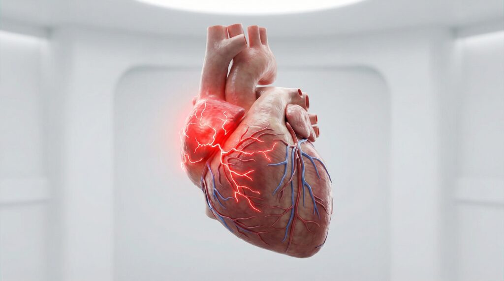 Ilustración de corazón con actividad eléctrica anormal representando señales de alerta tras una ablación cardíaca, como dolor torácico intenso, fiebre o falta de aire progresiva. Dr. Nicolás Reyes Reyes, Cardiac & Vascular Puebla.
