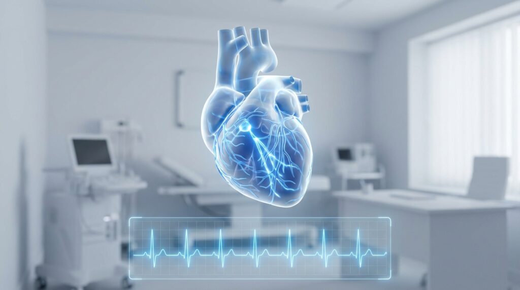 Visualización holográfica del corazón con monitor de ritmo cardíaco en consultorio médico, representando el seguimiento especializado post-ablación realizado por el Dr. Nicolás Reyes Reyes, electrofisiólogo en Puebla, Cardiac & Vascular Center.