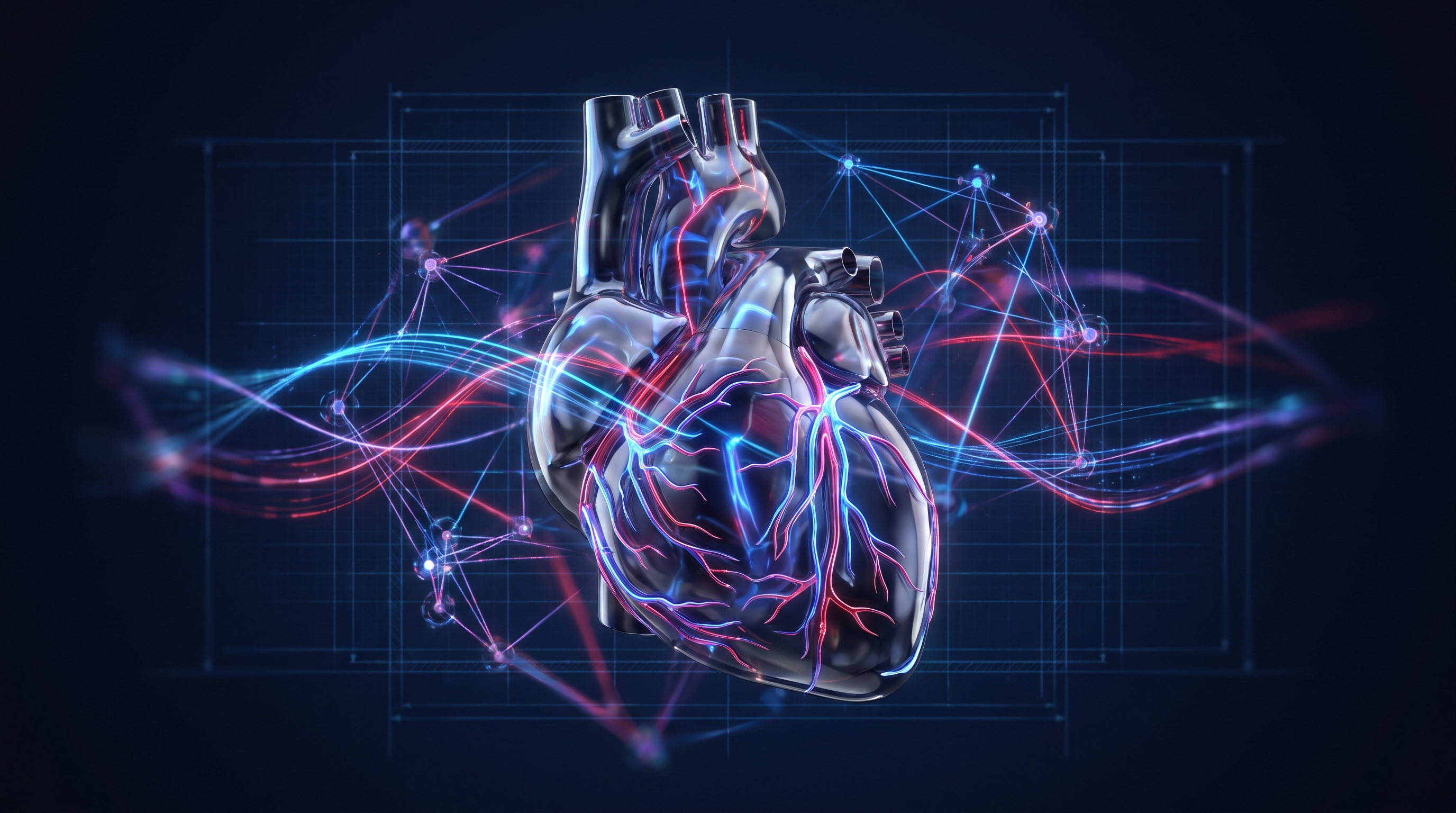 Ilustración de un corazón humano con inteligencia artificial analizando sus señales eléctricas, avances en cardiología 2026.