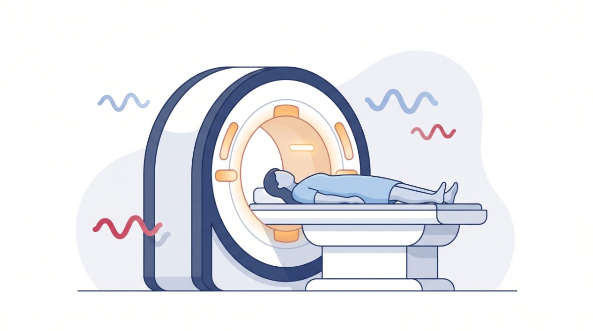 Qué se siente durante una resonancia magnética cardíaca: paciente dentro del túnel del resonador con las ondas de sonido del equipo.