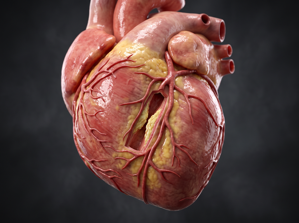 Modelo 3D del corazón con las arterias coronarias en su superficie, que se estudian con la angiotomografía de coronarias
