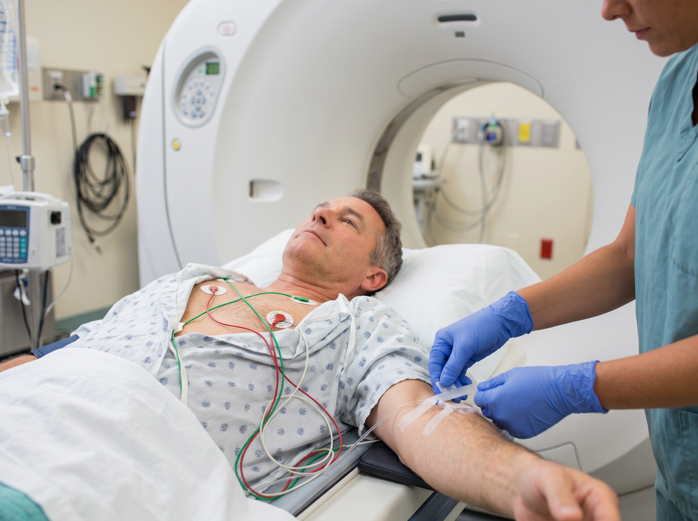 Paciente con electrodos en el pecho y una técnica colocando la vía intravenosa del contraste antes de una angiotomografía de coronarias