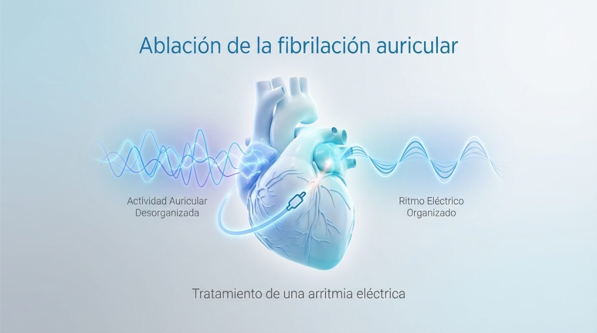 Ilustración de la ablación de la fibrilación auricular, tratamiento de una arritmia eléctrica del corazón