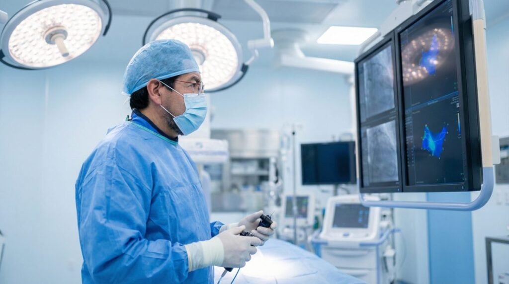 El Dr. Nicolás Reyes Reyes durante un procedimiento en la sala de electrofisiología
